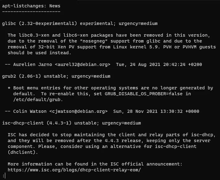 Debian 12 Upgrade Changelog - “q” um Changelog zu schließen