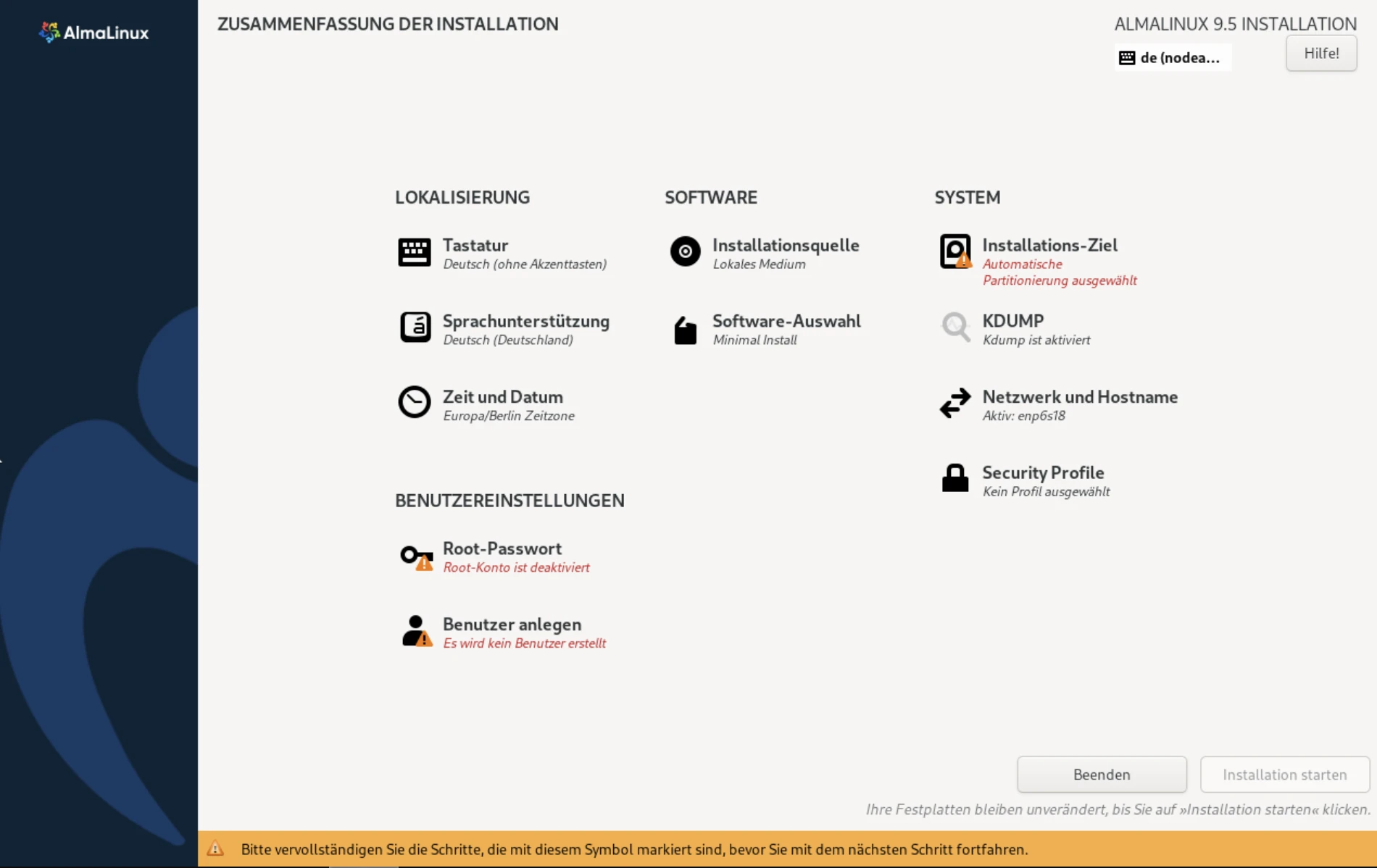 Installationsmenü von Alma Linux