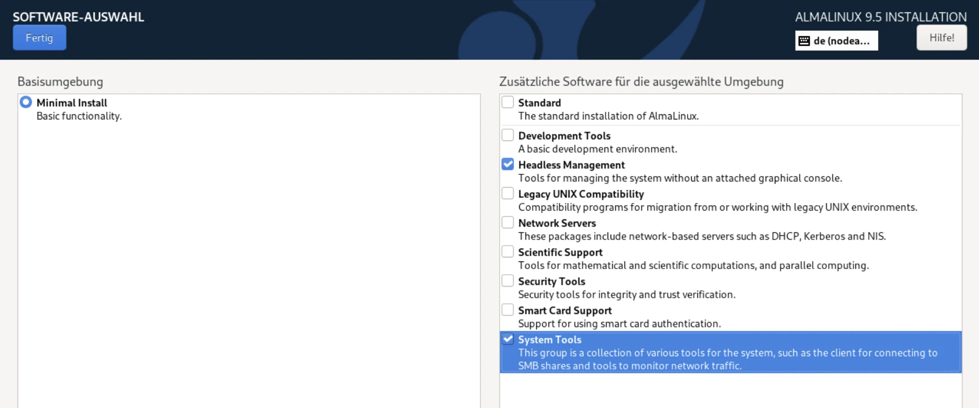 Auswahl der zu installierenden Software