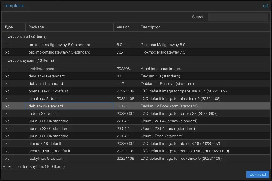 Proxmox CT Template wählen und herunterladen