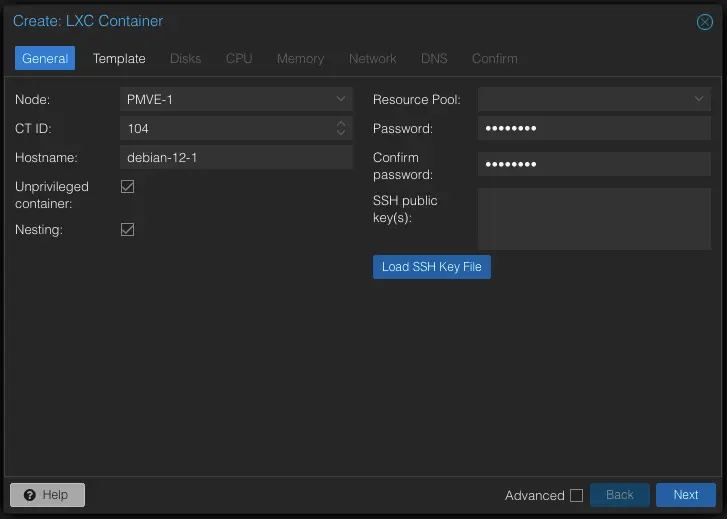 Node (Host-System), ID und root Passwort wählen