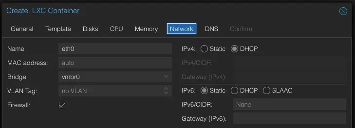 Network wählen, IPv4 und IPv6 vergeben oder wählen wie er die Konfiguration bekommen soll