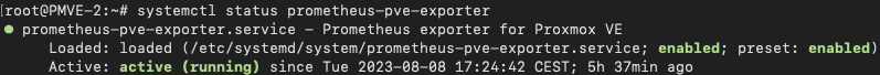 Konsolenausgabe von systemctl status prometheus-pve-exporter