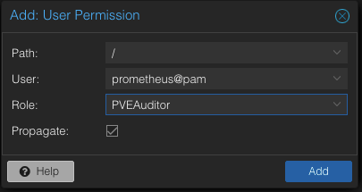 Permissions - Add: User Permission. Auswahl “/”, “prometheus@pam”, PVEAuditor