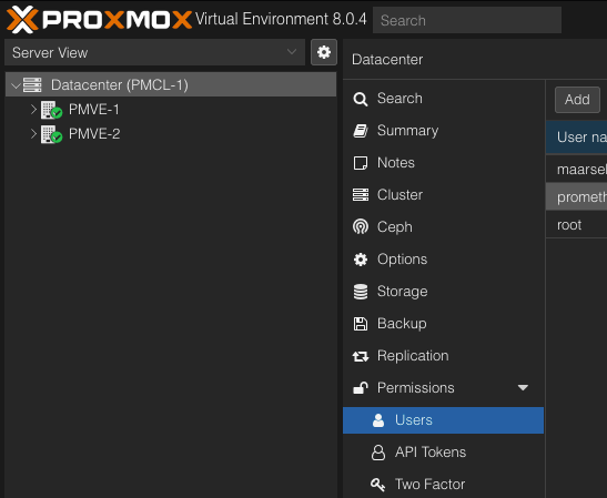 Proxmox - Datacenter - Permissions - Users