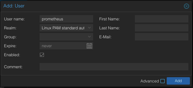 Add: User “prometheus” - LInux PAM