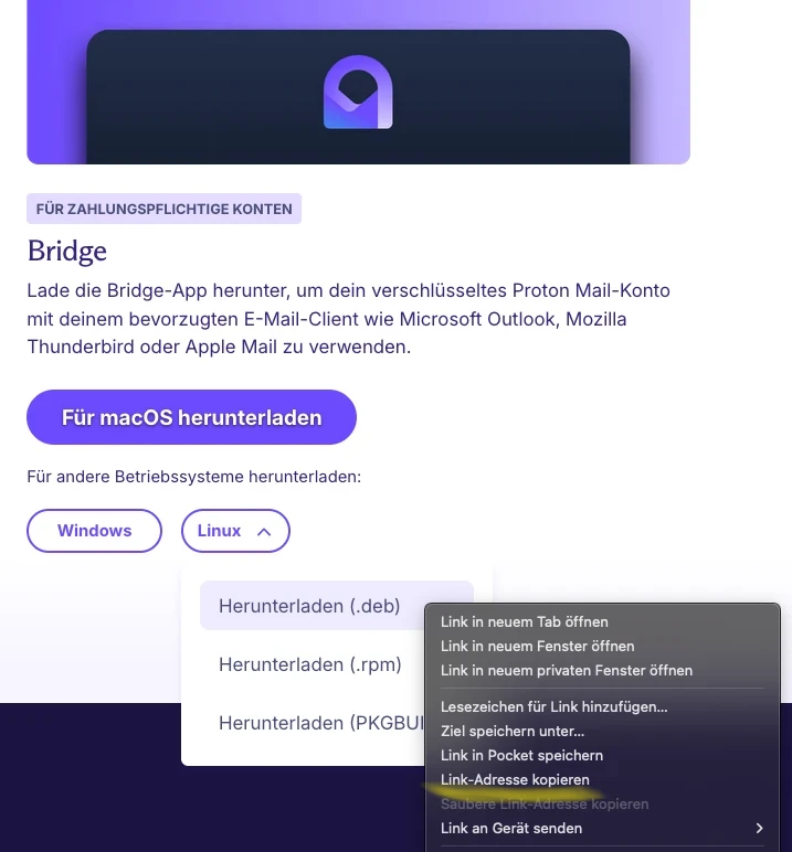 Link zum Linux Paket (.deb) in die Zwischenablage kopieren