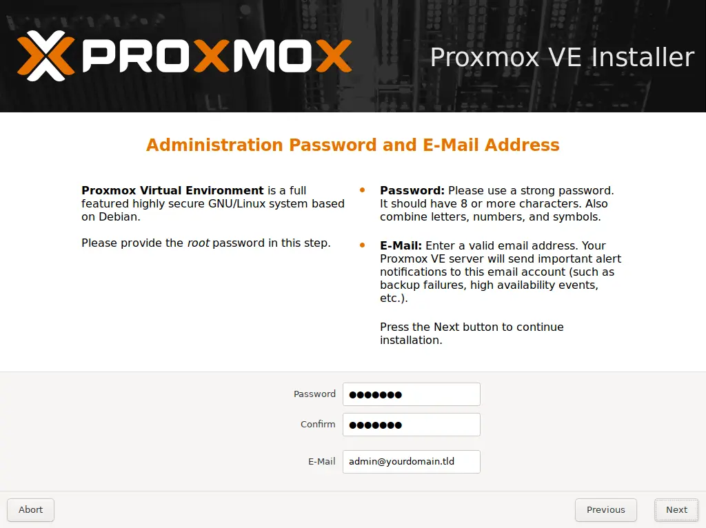 Proxmox Installation - Admin Passwort & root-Passwort vergeben und bestätigen