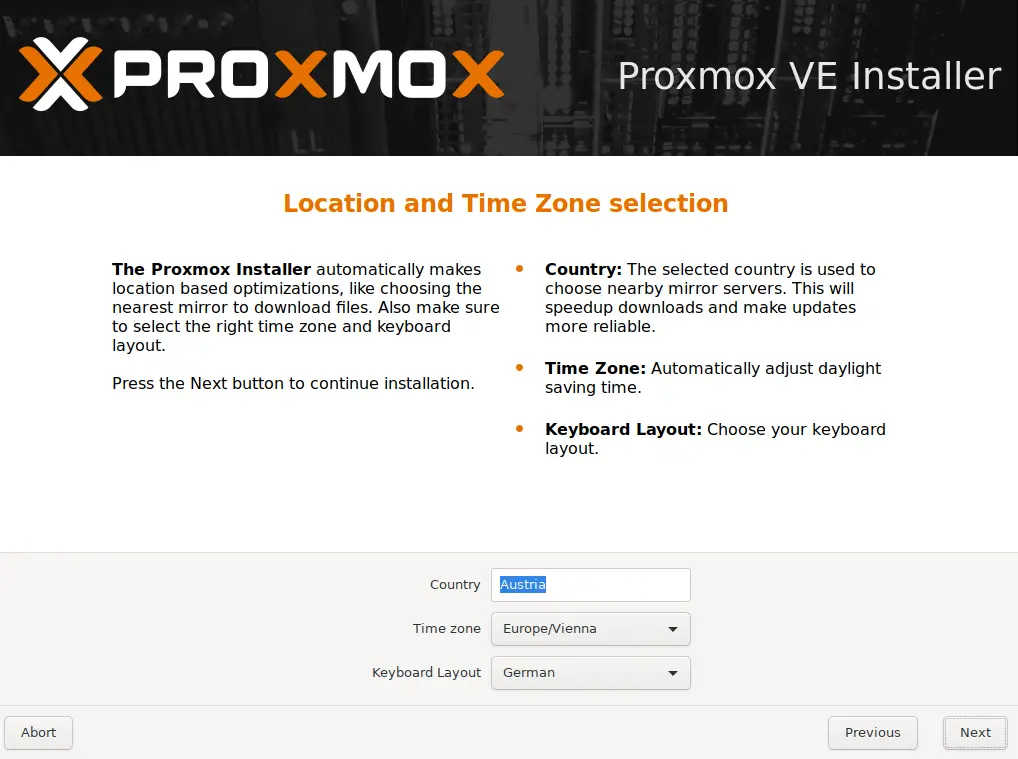 Proxmox Installation - Ort & Zeitzone auswählen