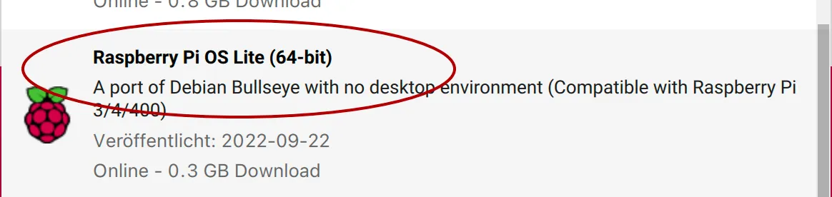 Auswahl von “Raspberry Pi OS Lite (64-bit)