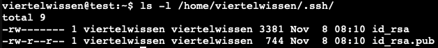 ls -l auf .ssh-Verzeichnis, es wurden zwei Dateien (id_rsa / id_rsa.pub) erstellt