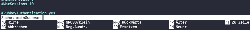 Sucheingabe in nano, aktiviert durch STRG+W (Mac: CONTROL+W)
